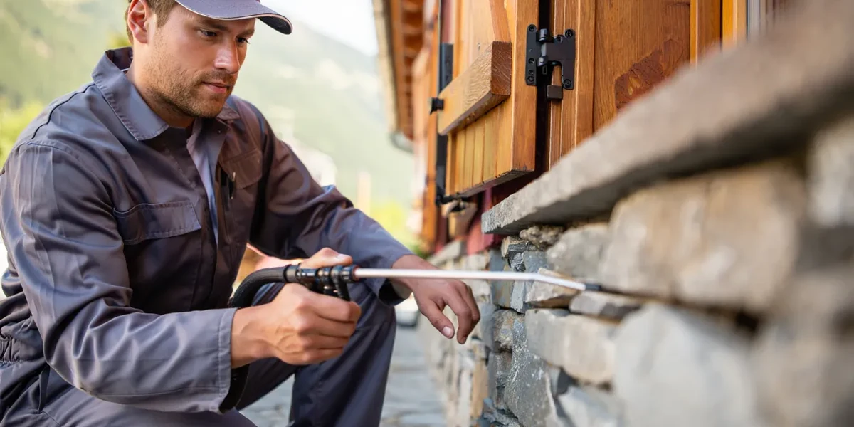 Technicien anti-nuisibles en combinaison traitant une habitation en Haute-Savoie
